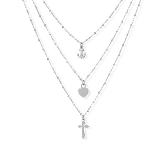 16"+2" Rhodium Plated Three Strand Charm Necklace