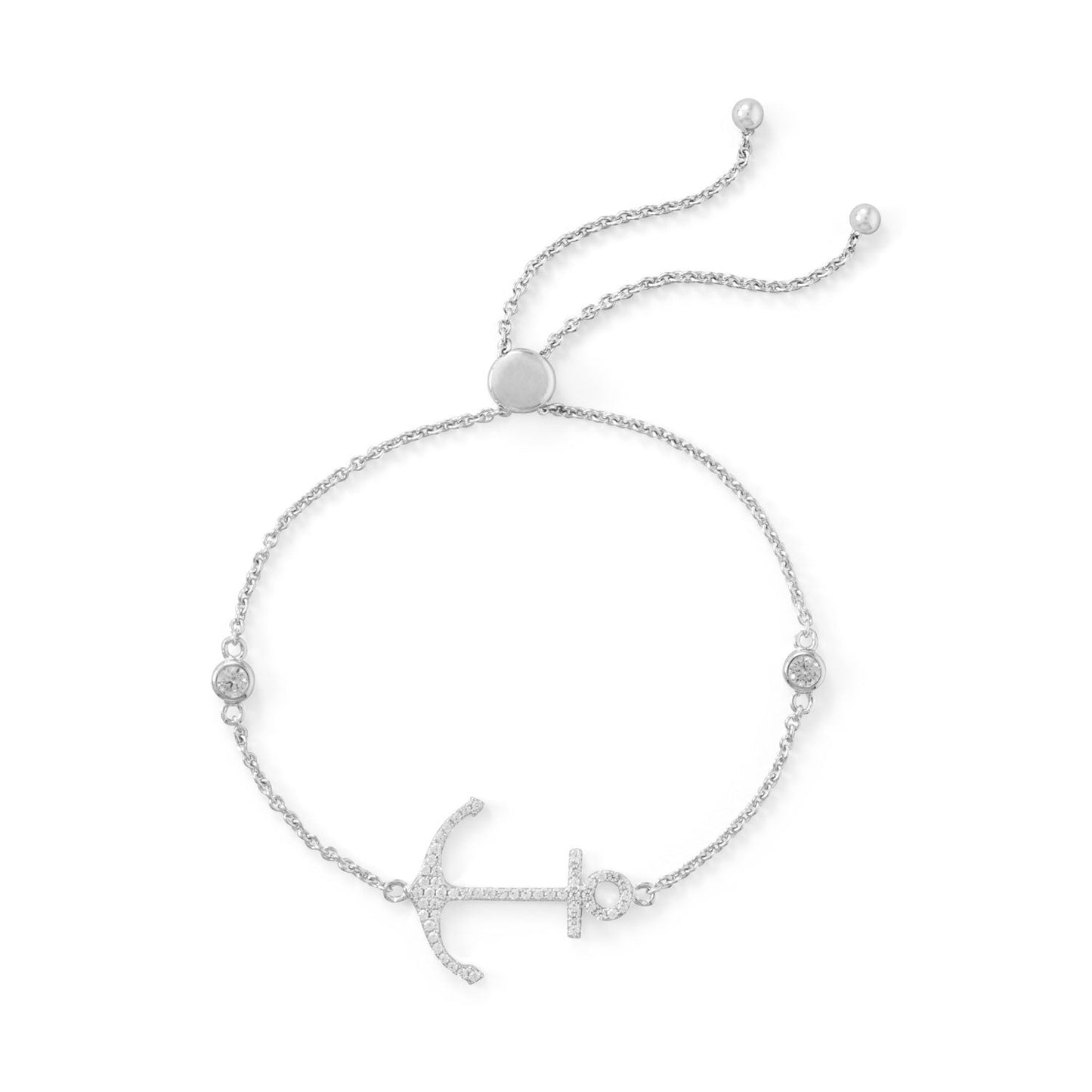 Rhodium Plated CZ Anchor Friendship Bolo Bracelet