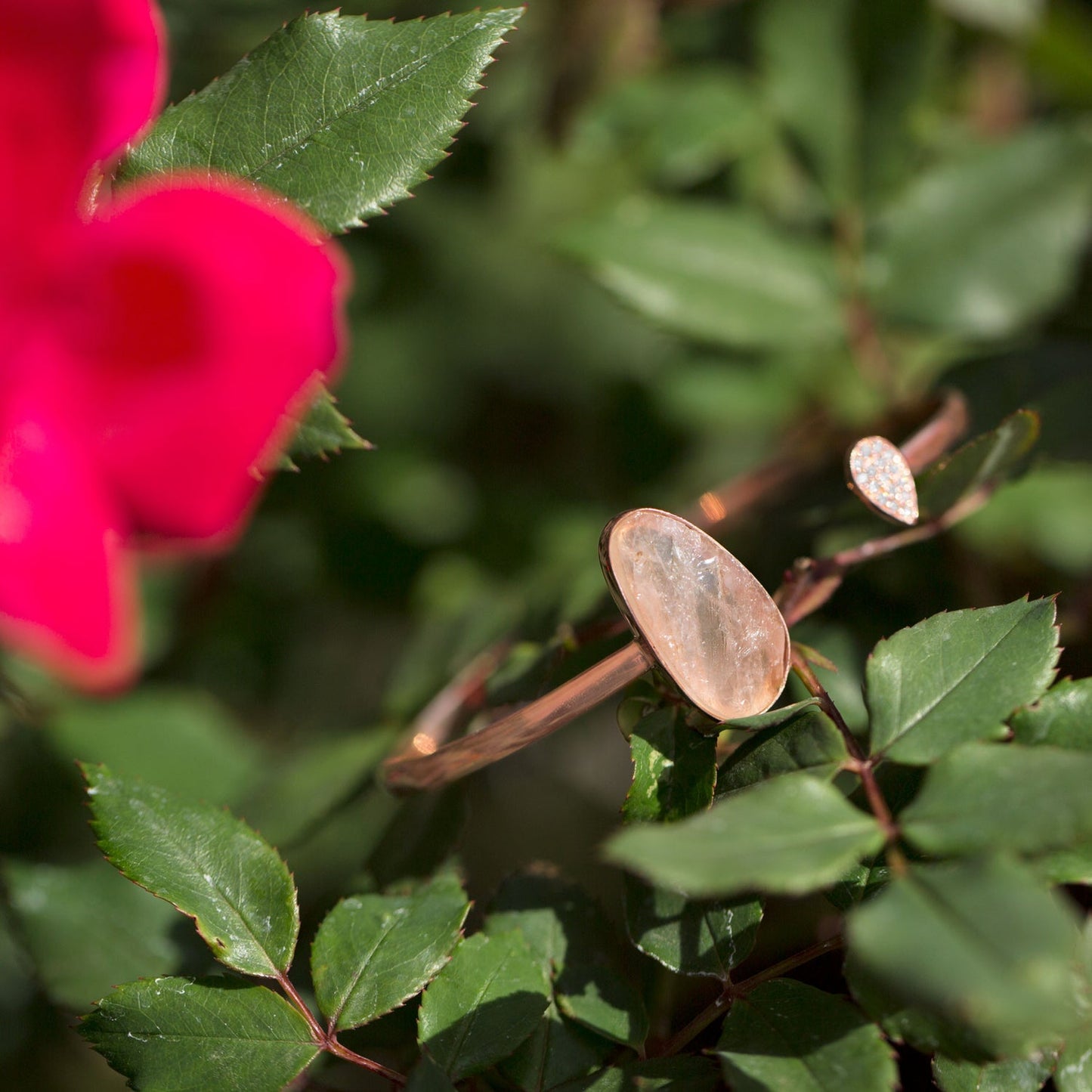 14 Karat Rose Gold Plated Rose Quartz and CZ Cuff Bracelet