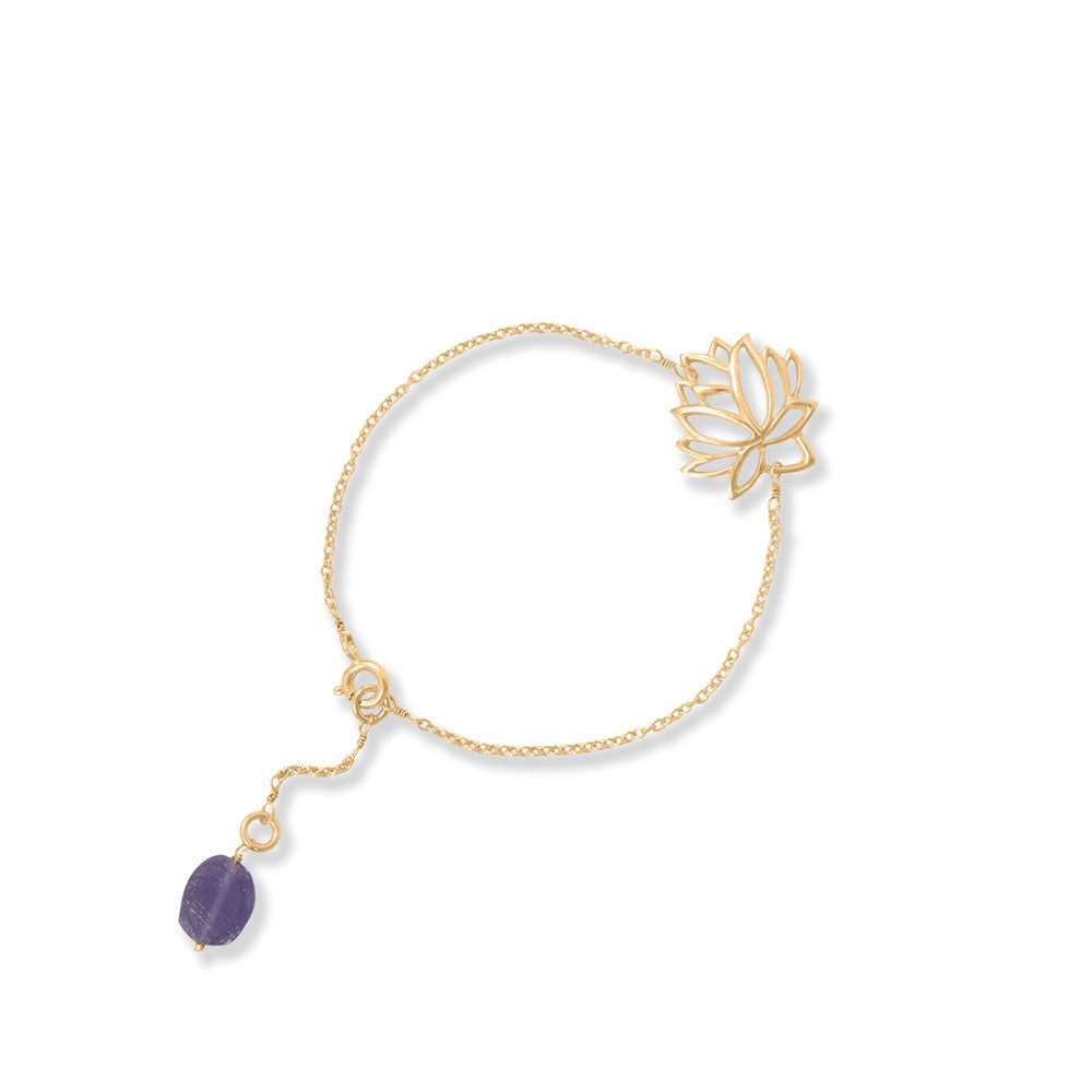 7" + 1" 14 Karat Gold Plated Rough Cut Amethyst and Lotus Bracelet