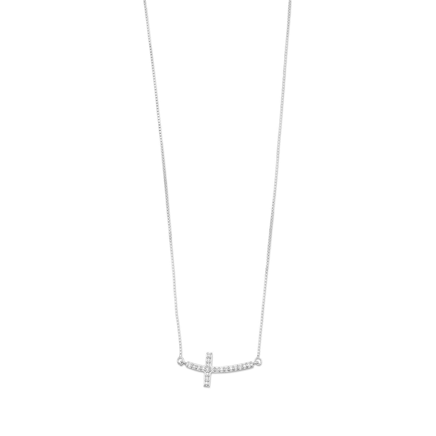 Rhodium Plated Sideways Cross Necklace with Diamonds