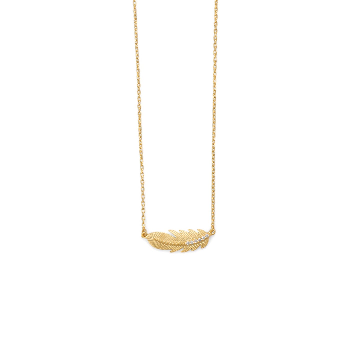 18 Karat Gold Plated Sideways CZ Feather Necklace