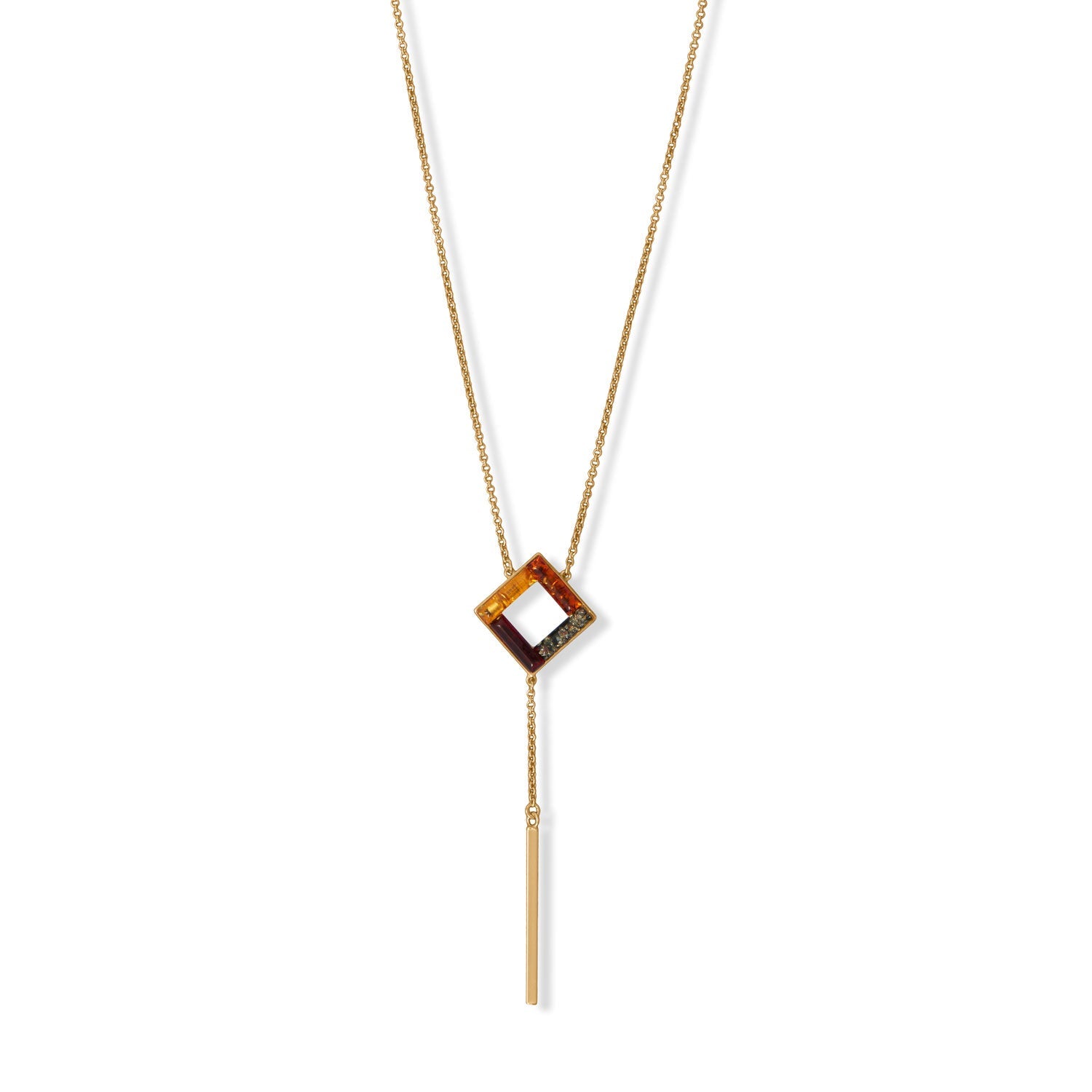 24 Karat Gold Plated Square Multi Color Baltic Amber Drop Necklace