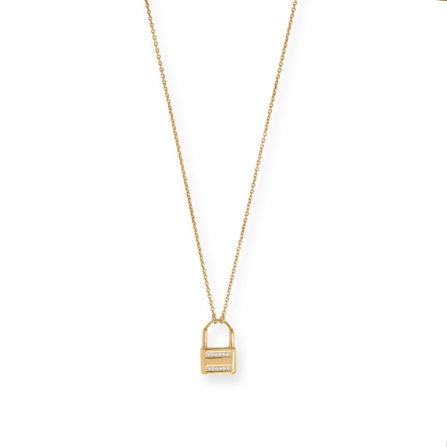 16" + 2" 14 Karat Gold Plated CZ Lock Necklace