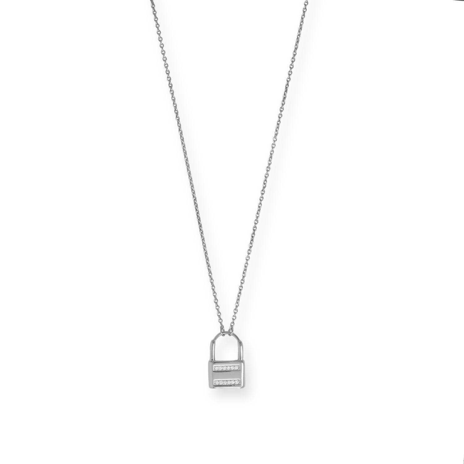 16" + 2" Rhodium Plated CZ Lock Necklace