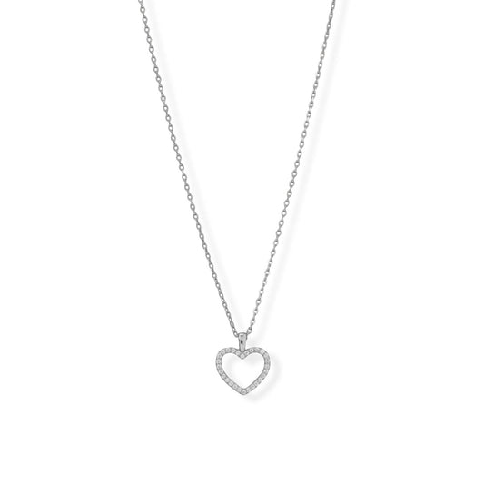 15" + 2" Rhodium Plated CZ Heart Necklace