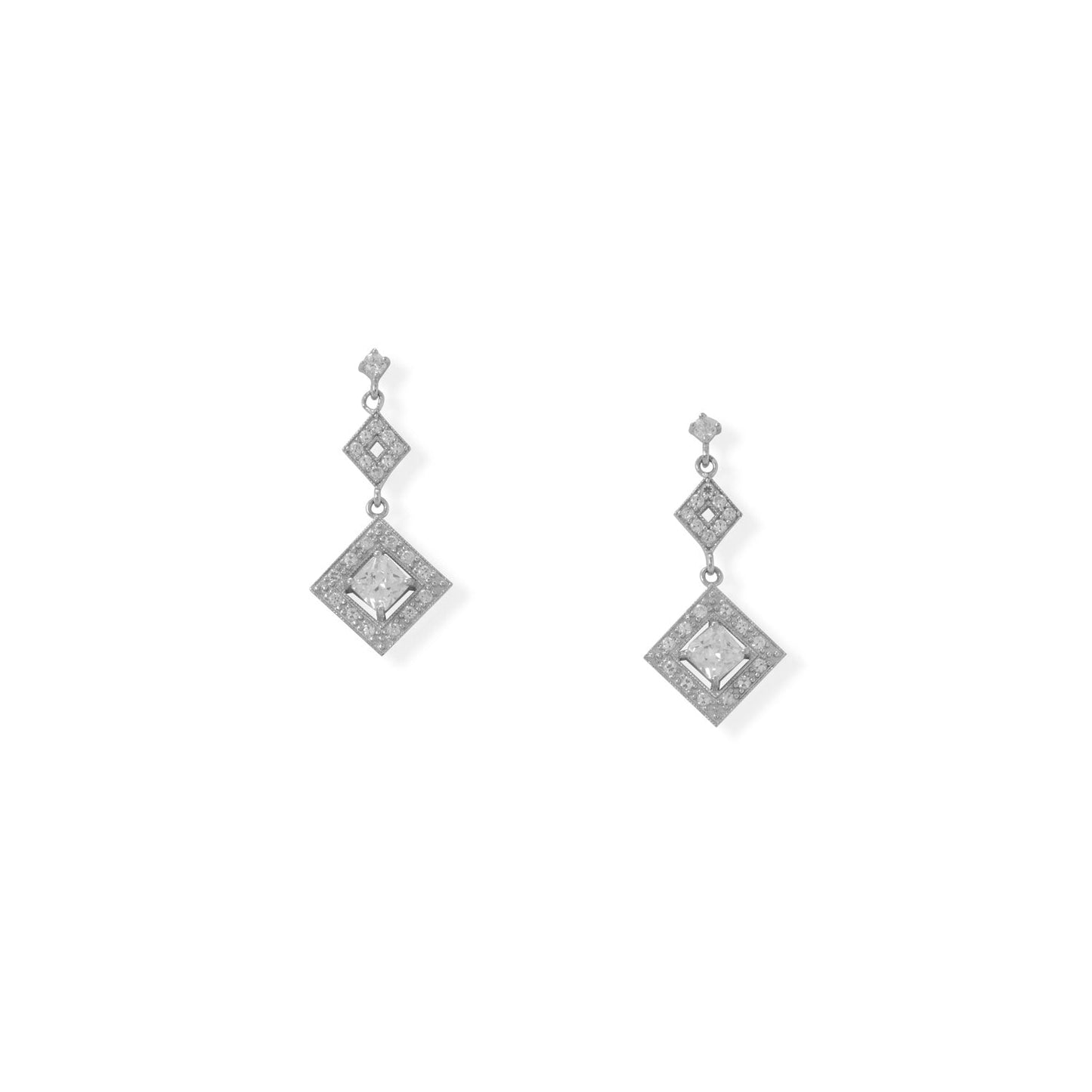 Rhodium Plated CZ Diamond Shaped Drop Earrings