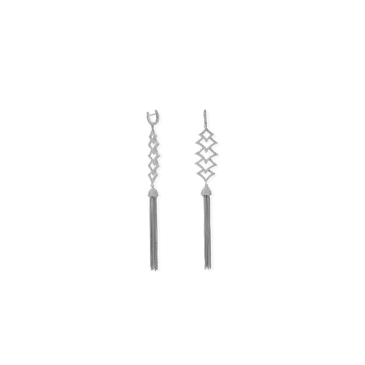 Rhodium Plated CZ Rhombus and Tassel Drop Earrings