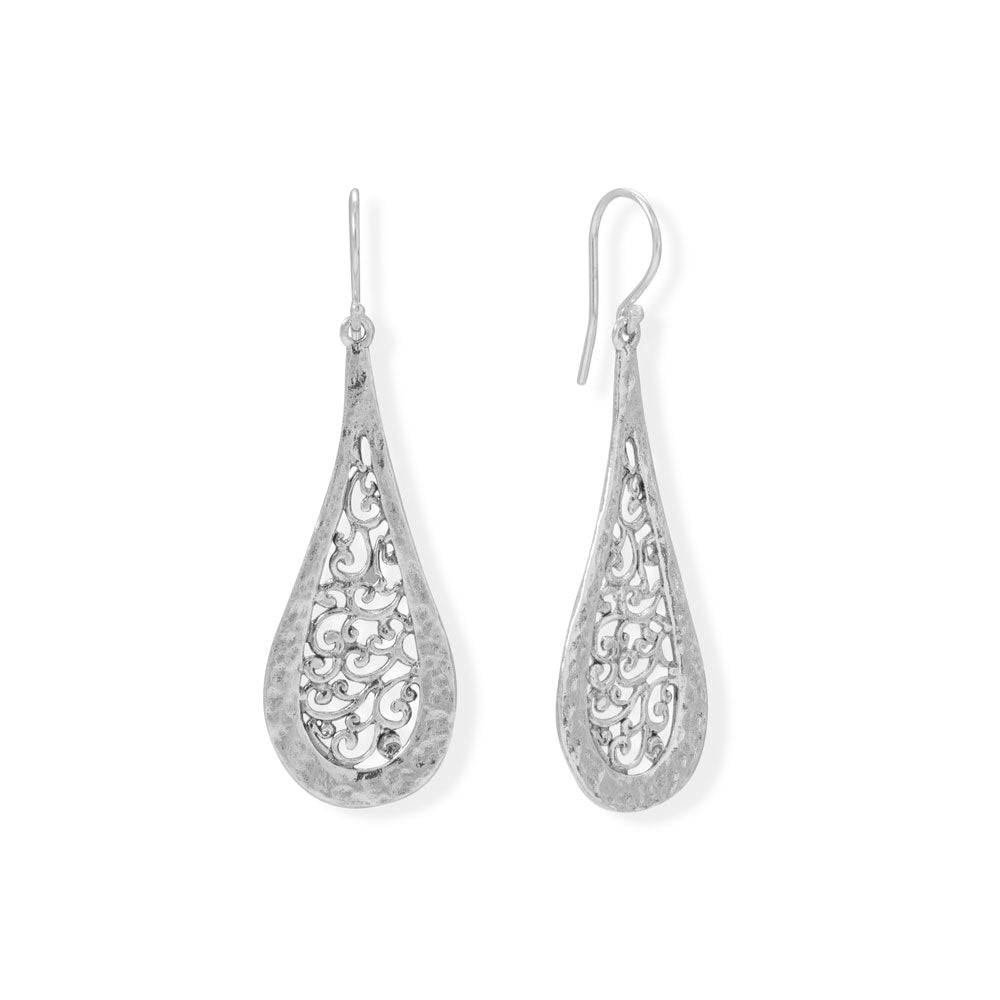 Hammered Filigree Pear Drop French Wire Earrings