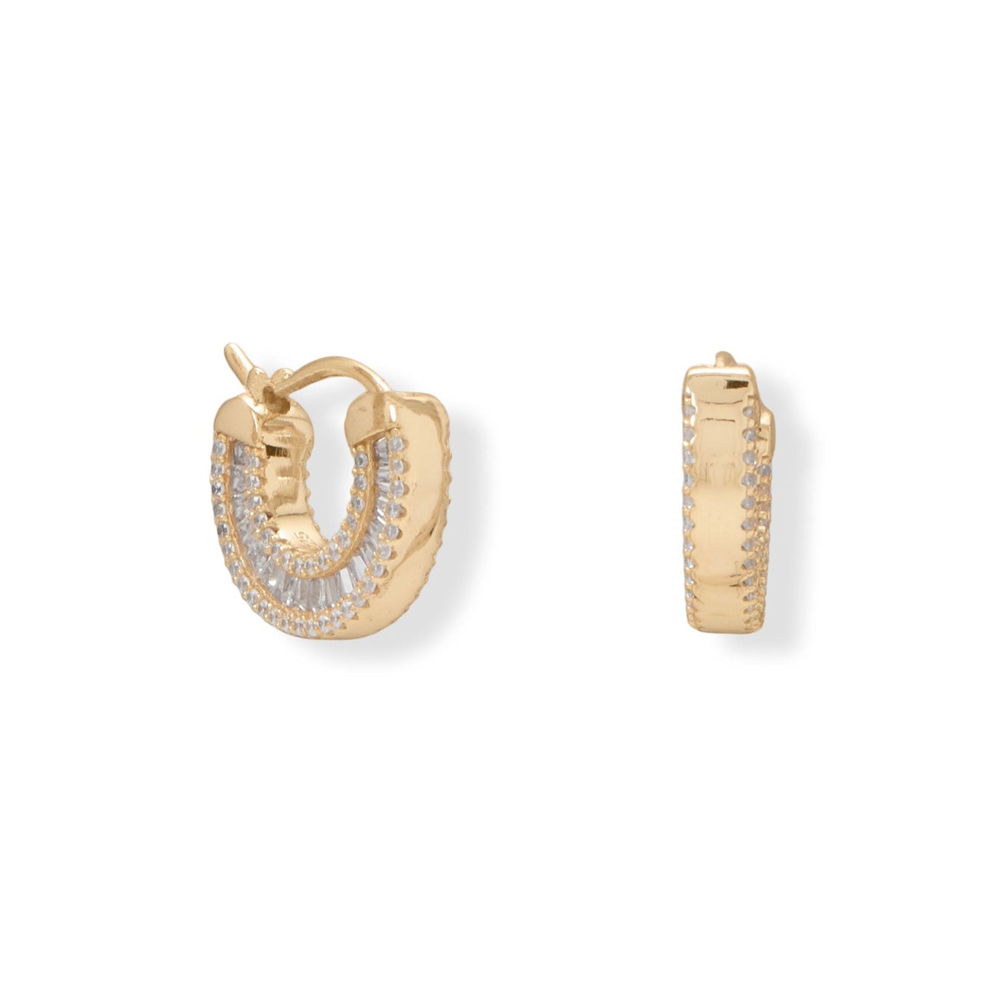 14 Karat Gold Plated Baguette CZ Click Hoop Earrings