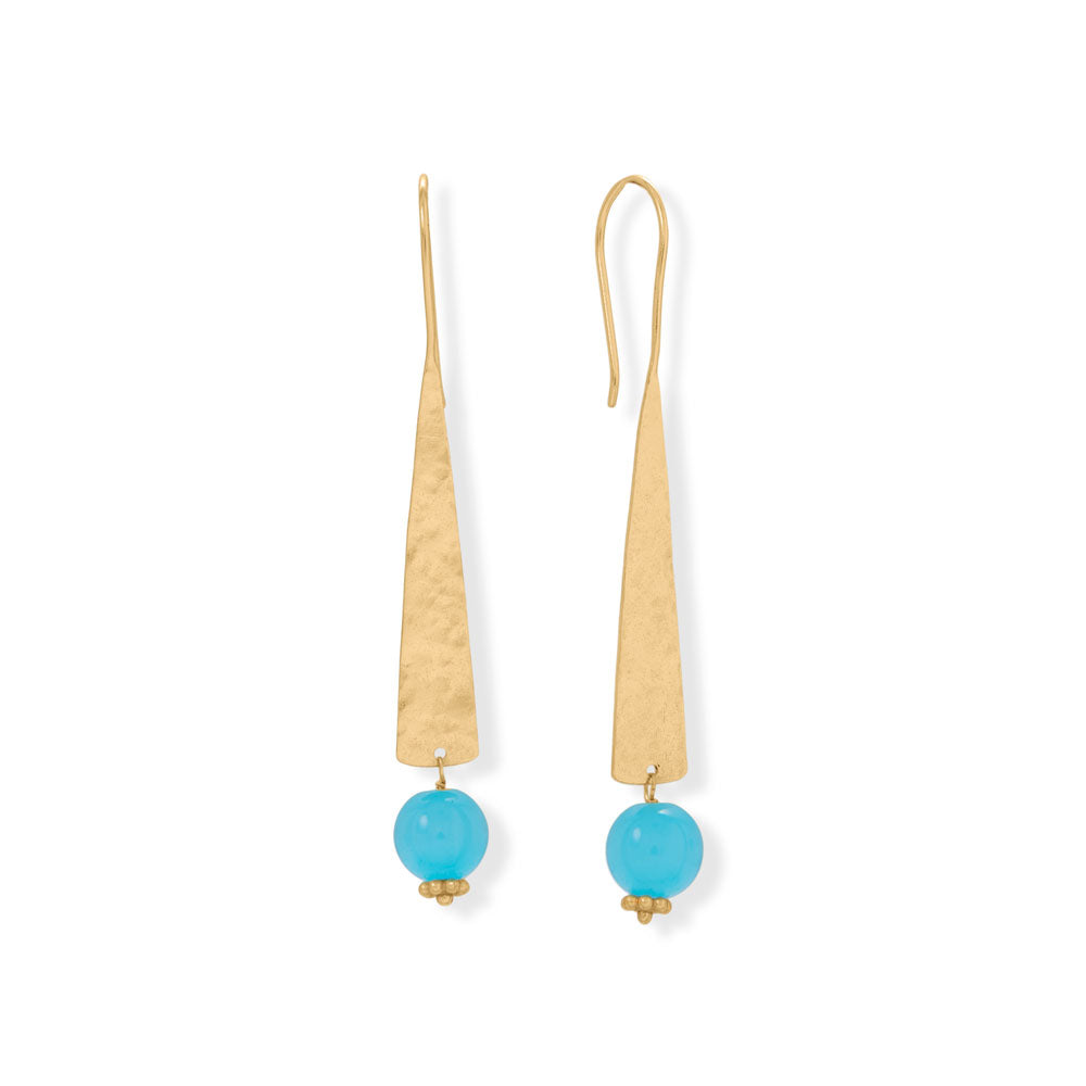 14 Karat Gold Plated Long Hammered Aqua Chalcedony Earrings