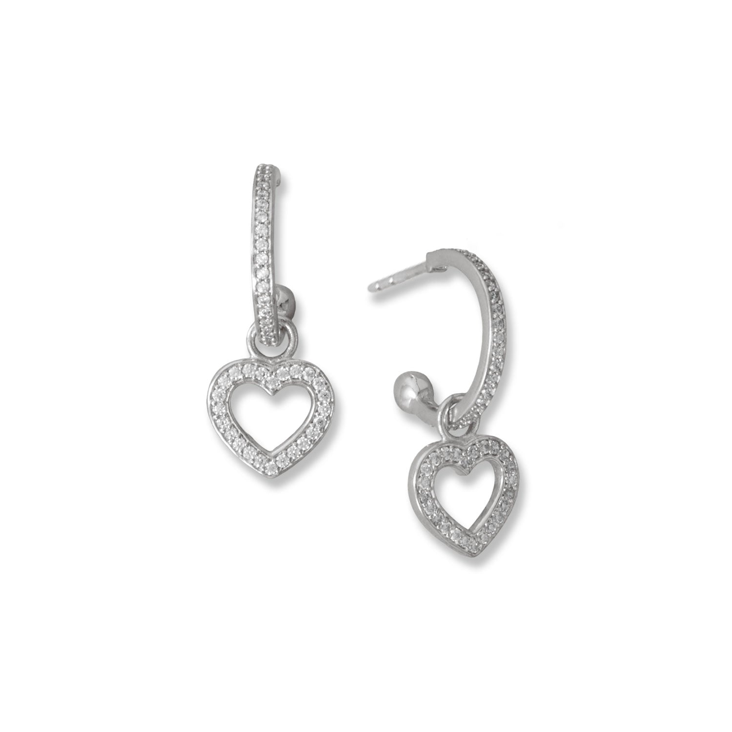 Rhodium Plated CZ Heart Charm Hoop Earrings