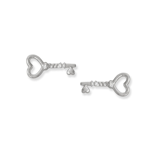 Rhodium Plated Heart Key Stud Earrings