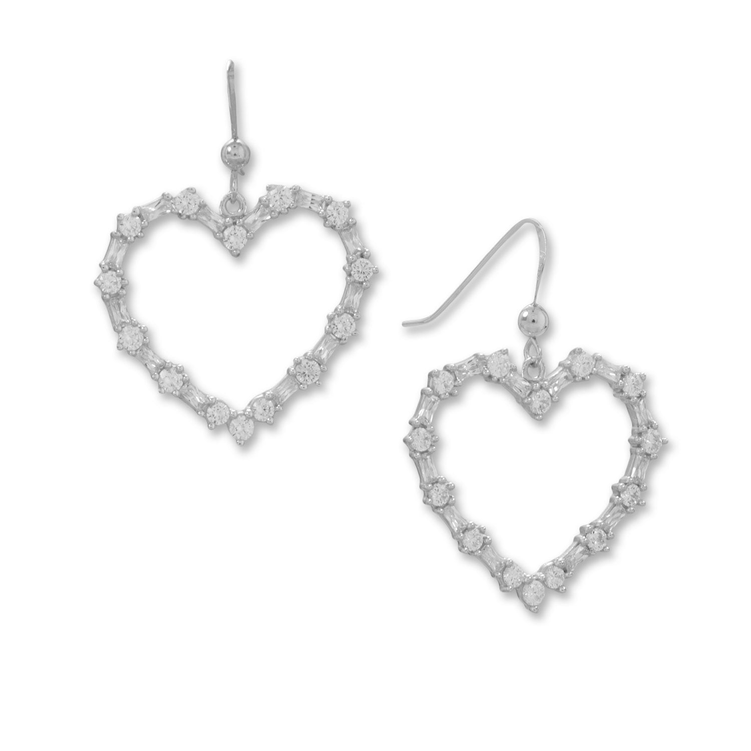 Rhodium Plated CZ Heart Outline Earrings