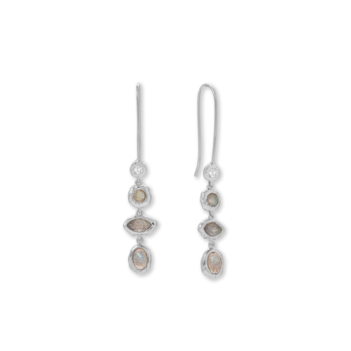 Rhodium Plated Hammered CZ and Labradorite Earrings