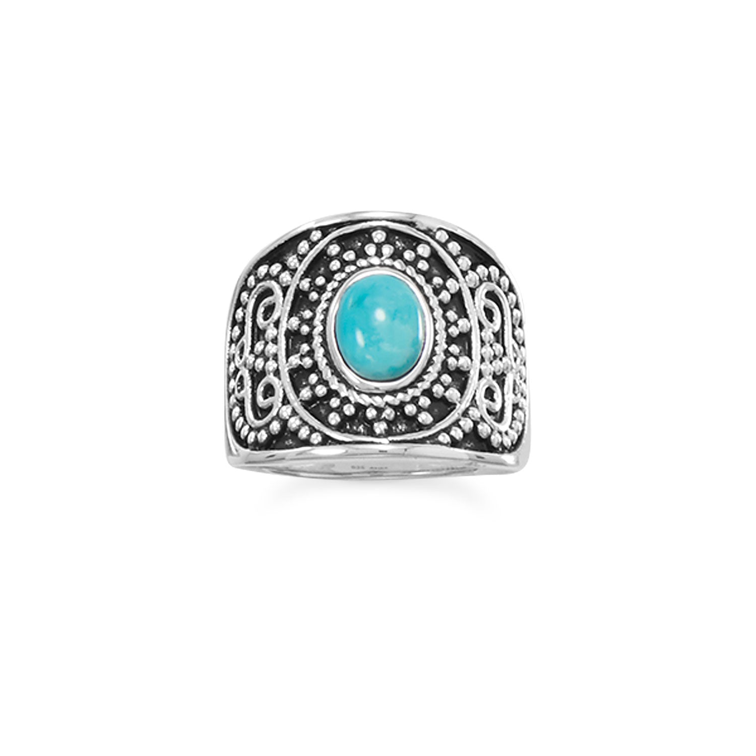 Oxidized Beaded Design Reconstituted Turquoise Ring