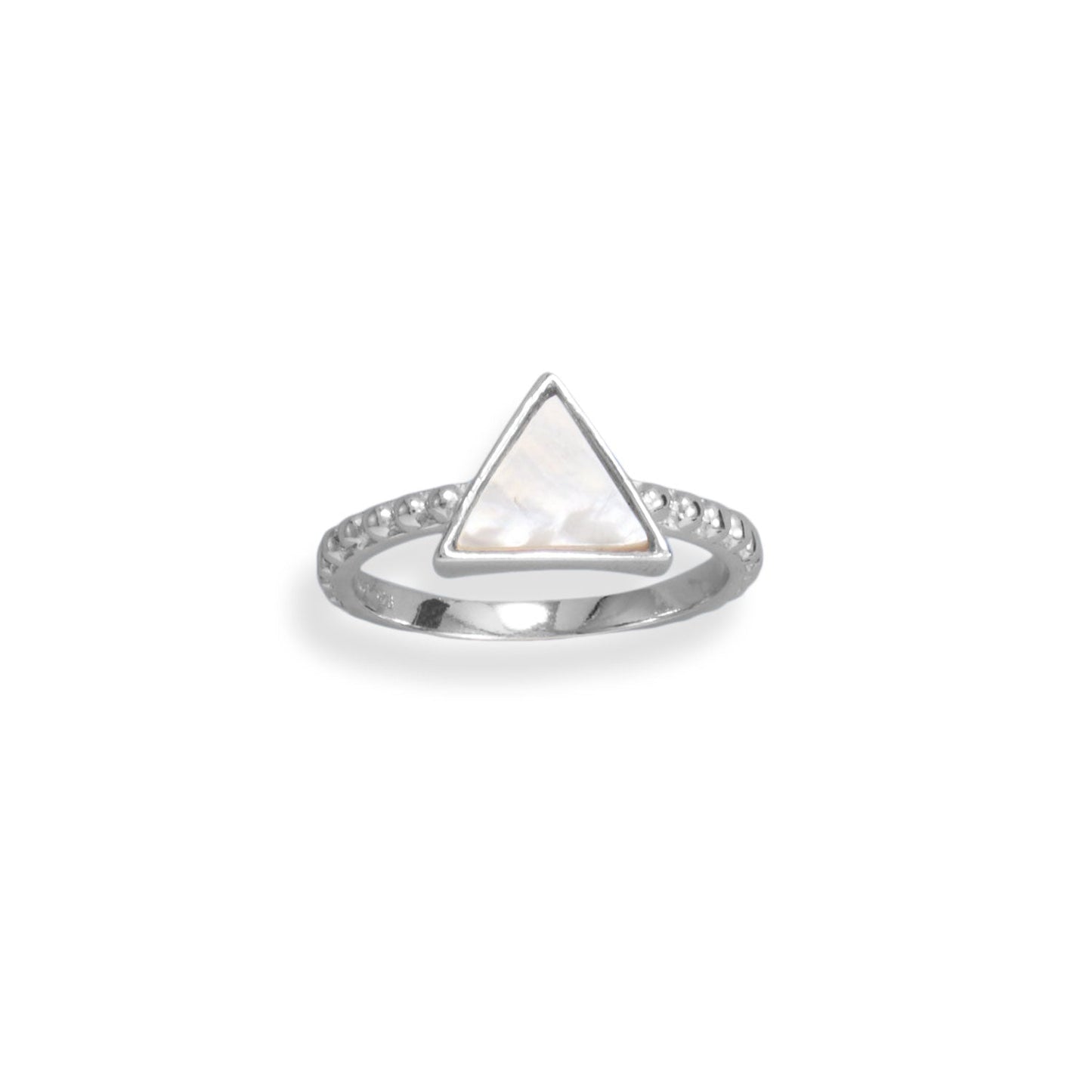 Rhodium Plated Triangle Shell and Beaded Band Ring