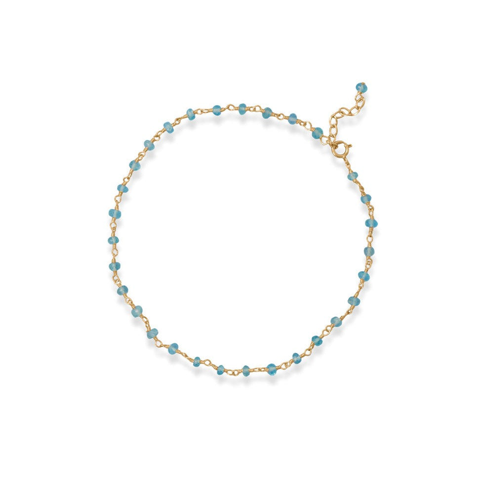 Sea Breeze Blue! 9.5" + 1" 14 Karat Gold Plated Apatite Bead Anklet