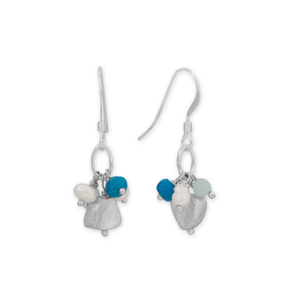 Cultured Freshwater Pearl, Blue Jade and Blue Chalcedony Cluster Earrings